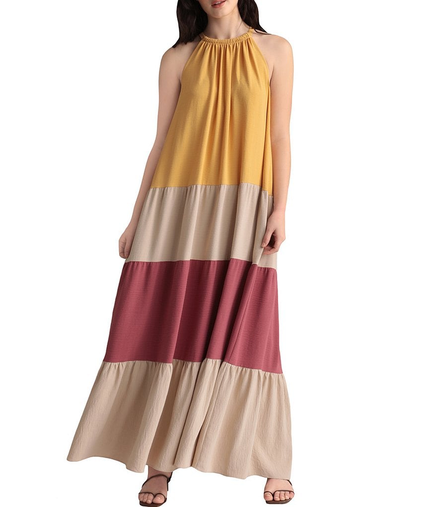 Maggy London Halter Neck Color Block Maxi Swing Dress
