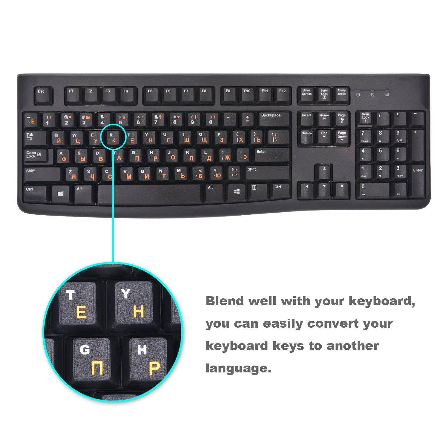 [2PCS PACK] FORITO Russian Keyboard Stickers, Keyboard Replacement Sticker Black Background with Orange Lettering for Computer Keyboard(Russian-Orange)