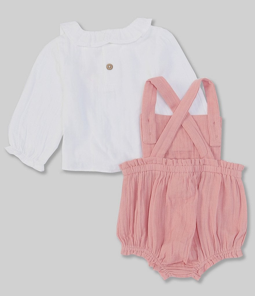 Mud Pie Baby Girls 3-12 Months Long Sleeve Ruffle Collar Top & Gauze Shortall Set