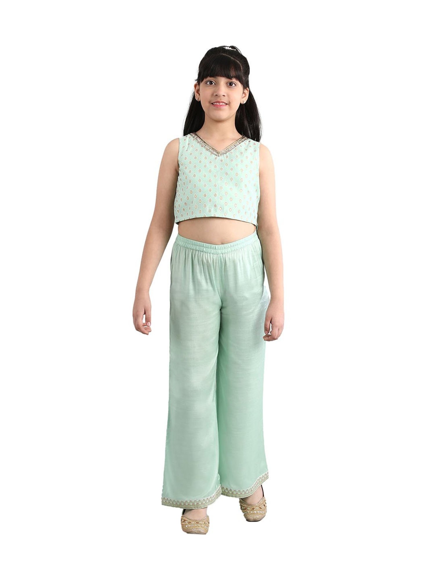 Aurelia Kids Green Embellished Top, Pants with Jacket