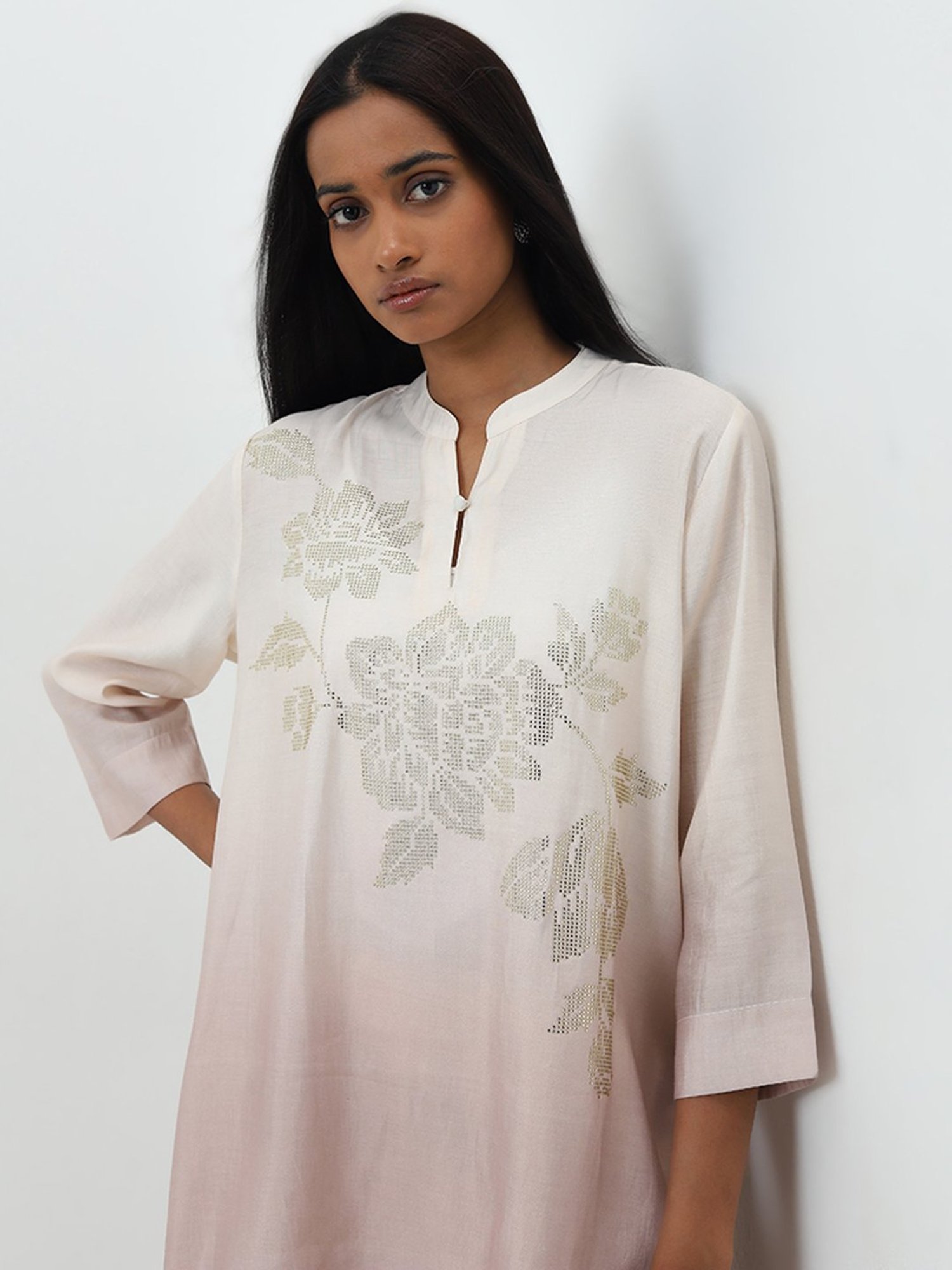 Vark by Westside Beige Floral Embroidered A-Line Tunic & Palazzos Set