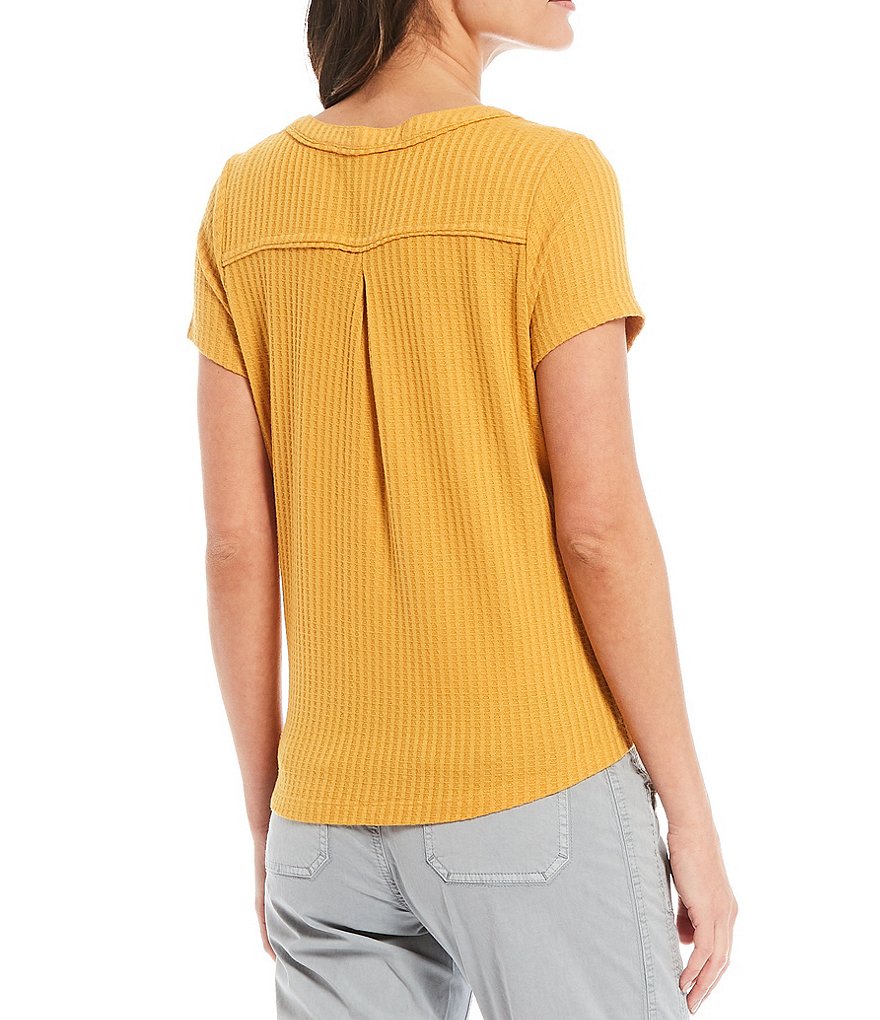 Aventura Ayla V-Neck Short Sleeve Waffle Knit Button-Tie Front Tee