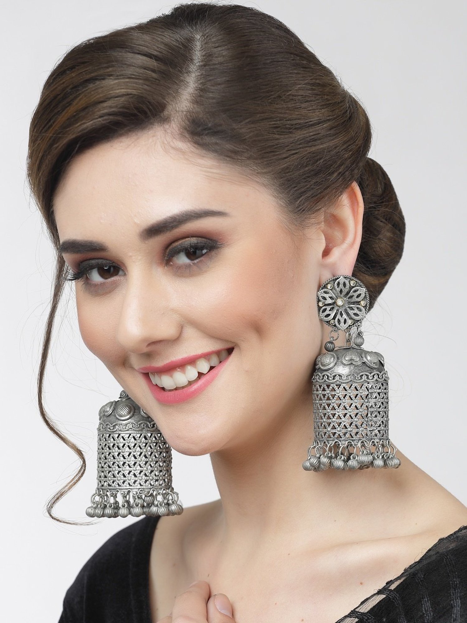 Moedbuille Crystal Studded Antique Tribal Design Oxidized Silver-Plated Handcrafted Jhumki Earrings