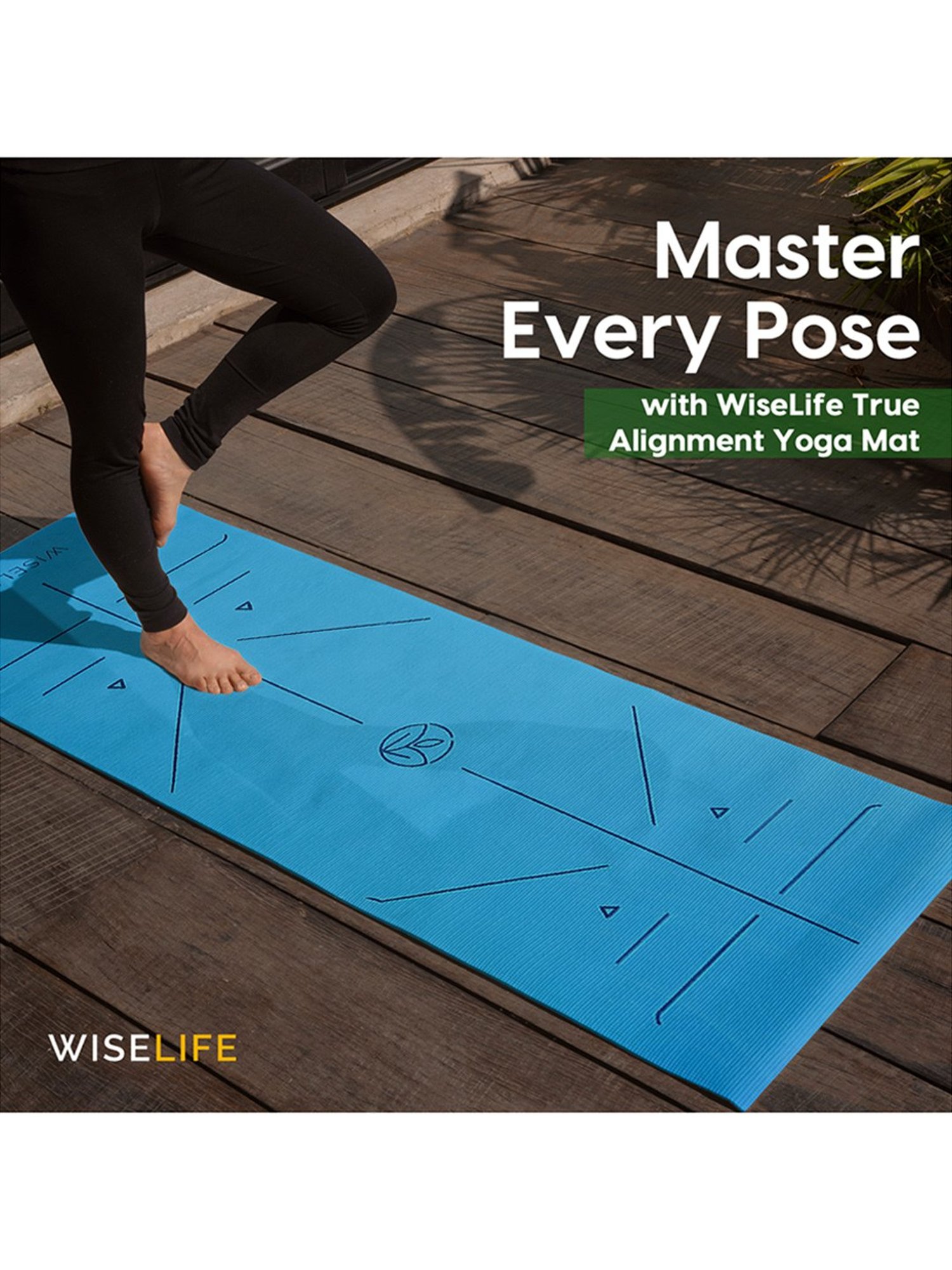 WiseLife TRU Alignment Yoga Mat + Sleek Yoga Strap for Men and Women (Sky Blue)