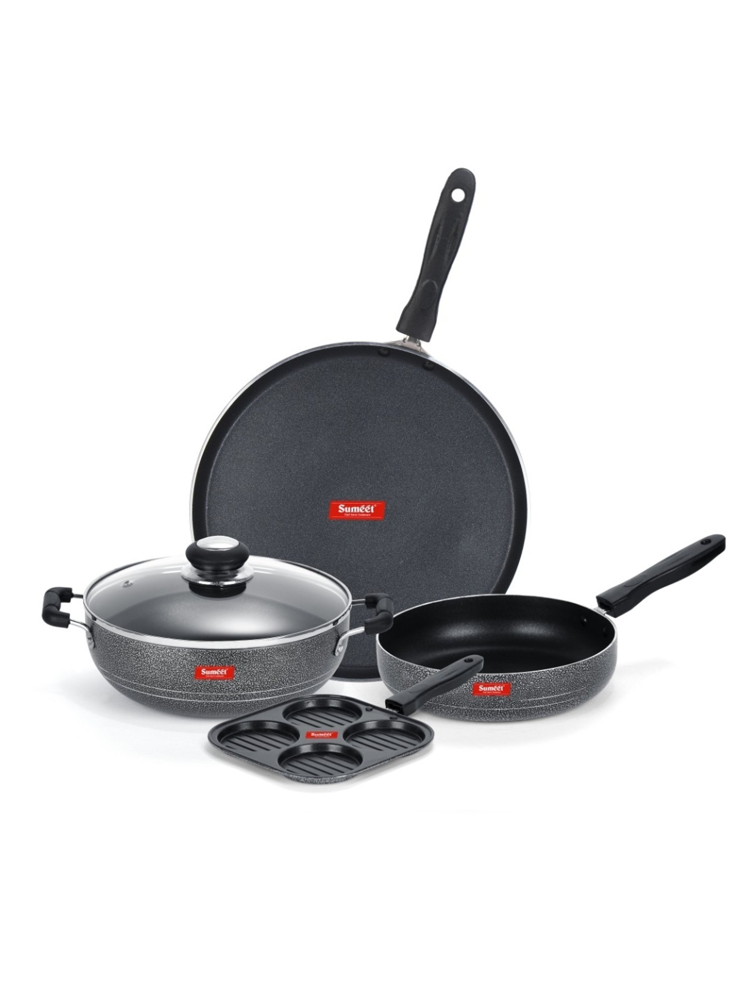 Sumeet NonStick Cookware Set(Dosa Tawa+Mini Multi Snack Maker+Kadhai With Glass Lid +Frypan)