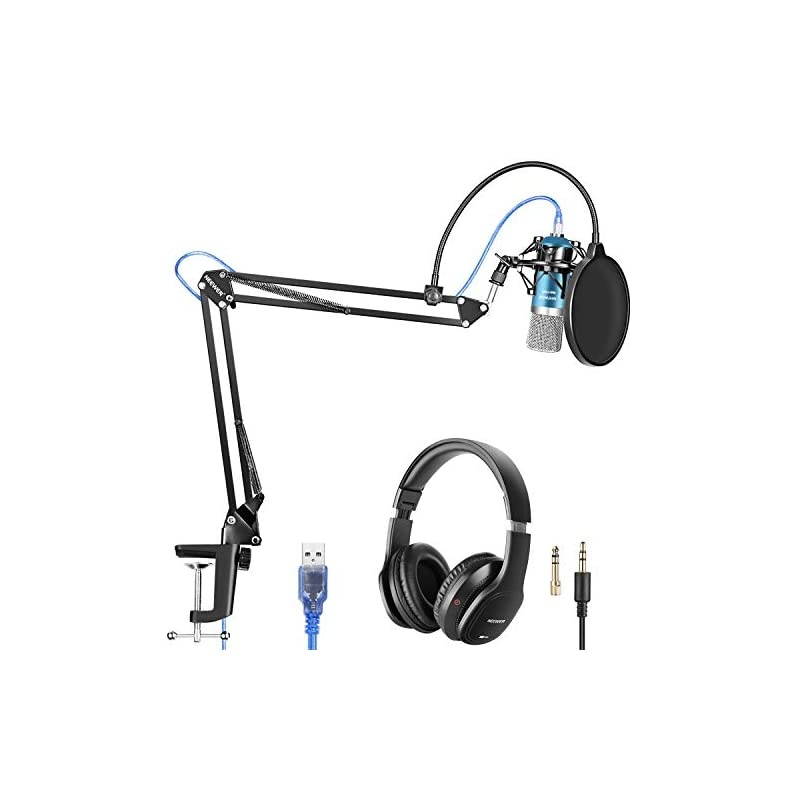 USB Microphone with Suspension Scissor Arm Stand Shock Mount Monitor Headphone Pop Filter USB Cable and Table Mounting Clamp Kit for Sound Recording for Windows and Mac BlueSilver