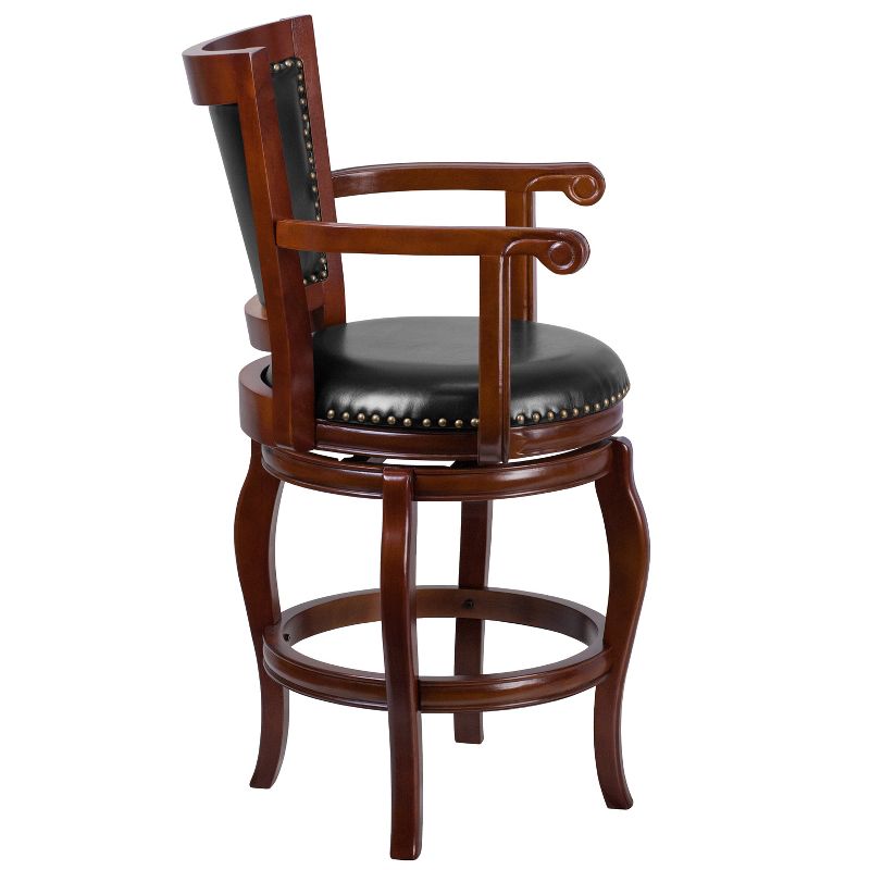 Emma and Oliver 26"H Cherry Wood Panel Back Swivel Counter Stool with Arms