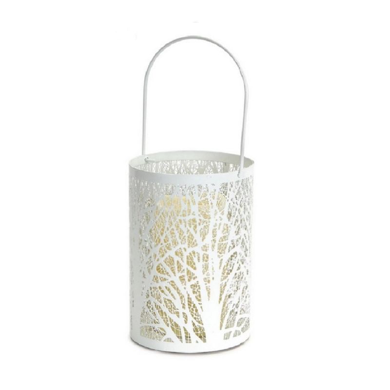Melrose 8" Prelit LED Battery Operated Tree Patterned Candle Lantern with Timer - White