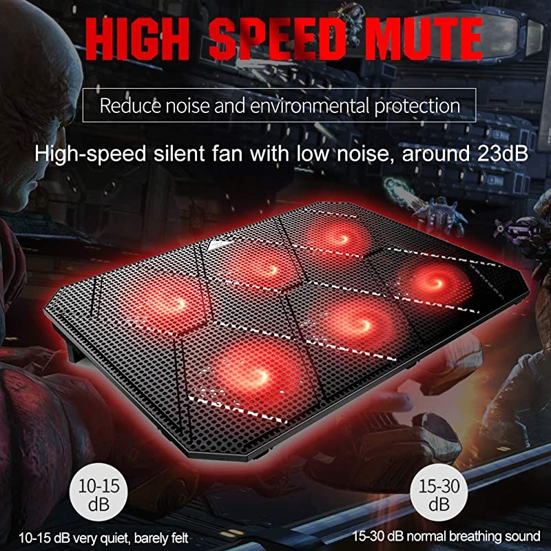 Laptop Cooling Pad, Powerful Slim Quiet Laptop Cooler for Gaming Laptop - 6 Red LED Fans - Dual USB 2.0 Ports - Portable Height Adjustable Laptop Stand, Fits 12-17 Inches