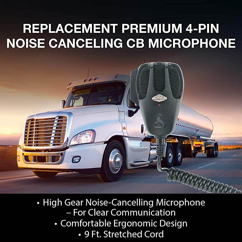 HG M77 Premium Replacement Noise Canceling CB Microphone Black 4 Pin Connector 9 Foot Cord Heavy Duty ABS Shell Wire Mesh Grille Left Side Push To Talk Chrome Connector