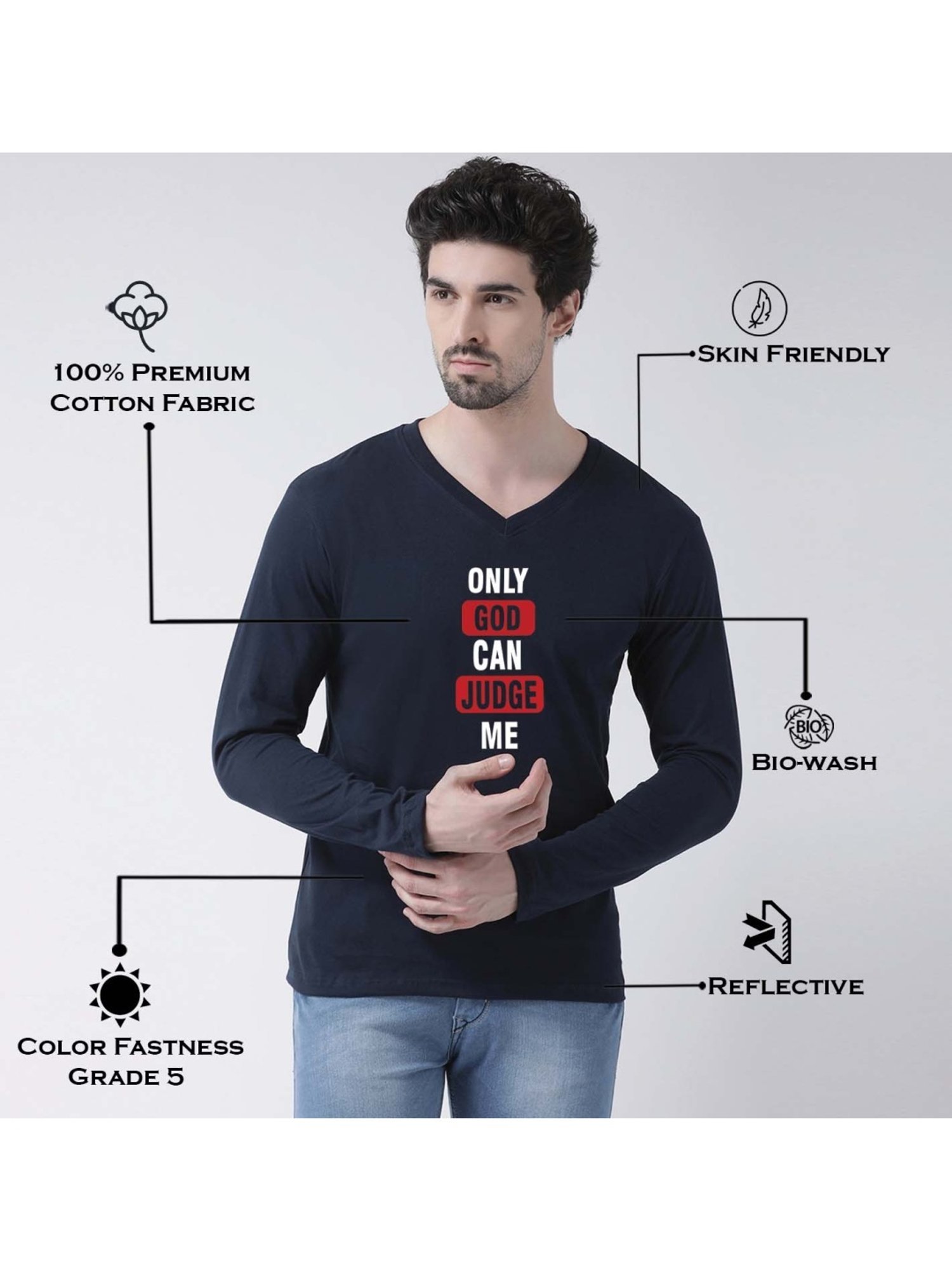 Friskers Navy Blue Cotton Slim Fit Printed T-Shirt