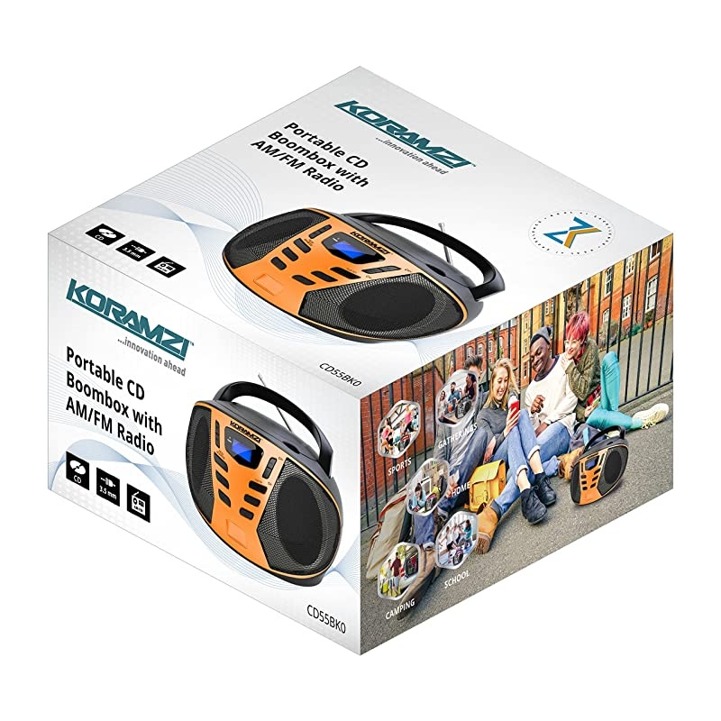 Portable CD Boombox with AMFM RadioAUX IN Top Loading CD PlayerTelescopic Antenna LCD Display for Indoor OutdoorOfficesHomeRestaurantsPicnicsSchoolCamping BlackOrange CD55BKO