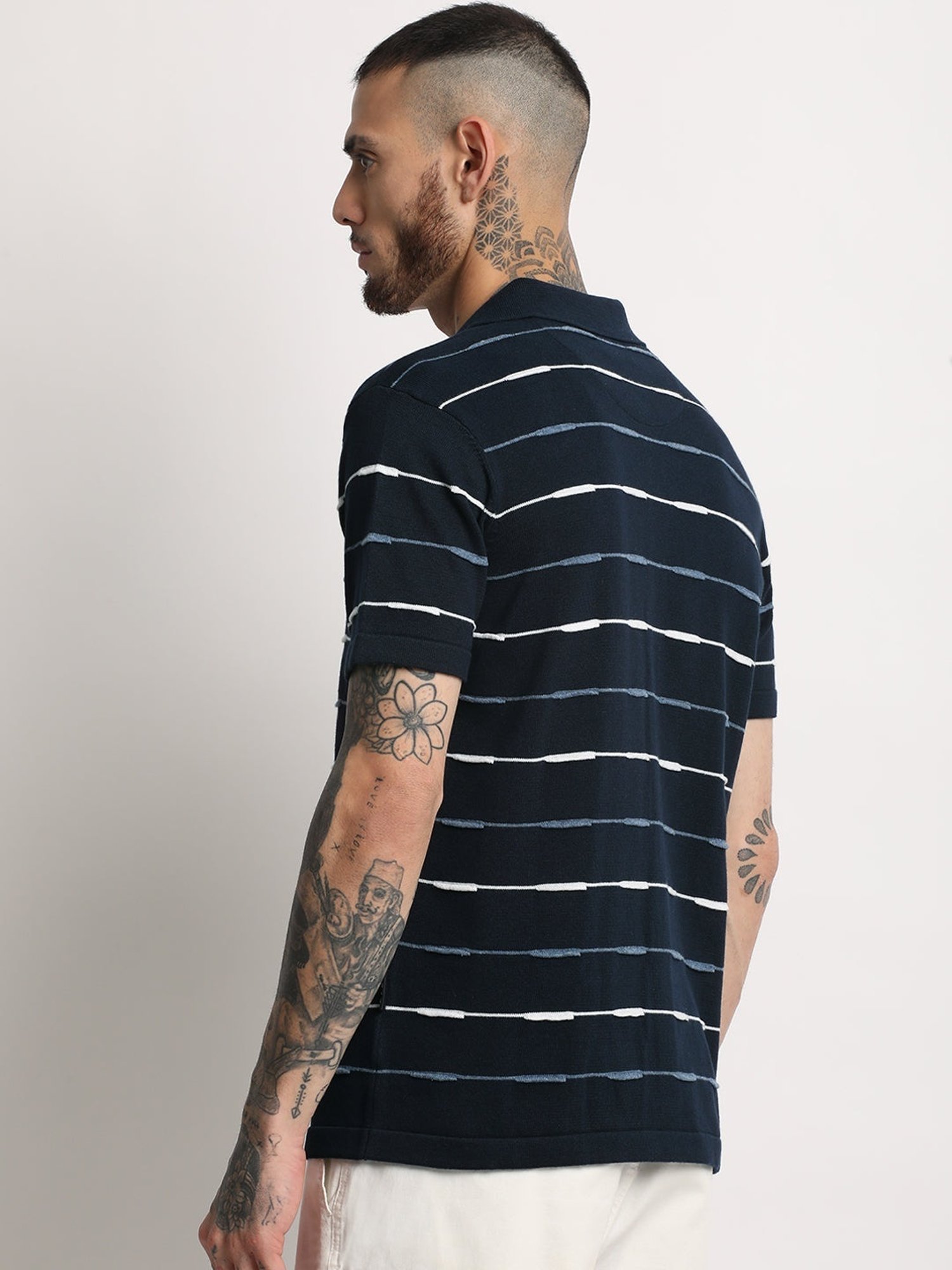 The Bear House Navy Cotton Slim Fit Striped Polo T-Shirt