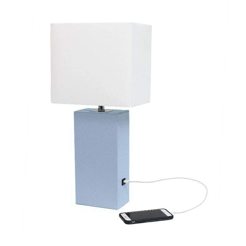 Modern Leather Table Lamp with USB and Fabric Shade Periwinkle - Elegant Designs