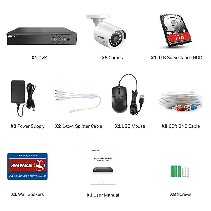 5MP Lite 8CH Security Surveillance Camera System H.265+ Wired DVR and (8) X 1080p HD Weatherproof CCTV Camera, 100 ft Night Vision, Easy Remote Access, 1 TB Hard Drive &ndash; E200