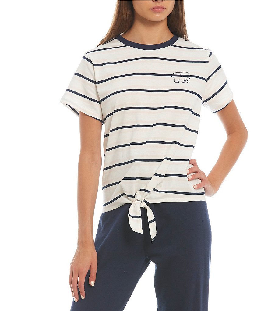 Ivory Ella Short-Sleeve Striped Tie-Front Tee