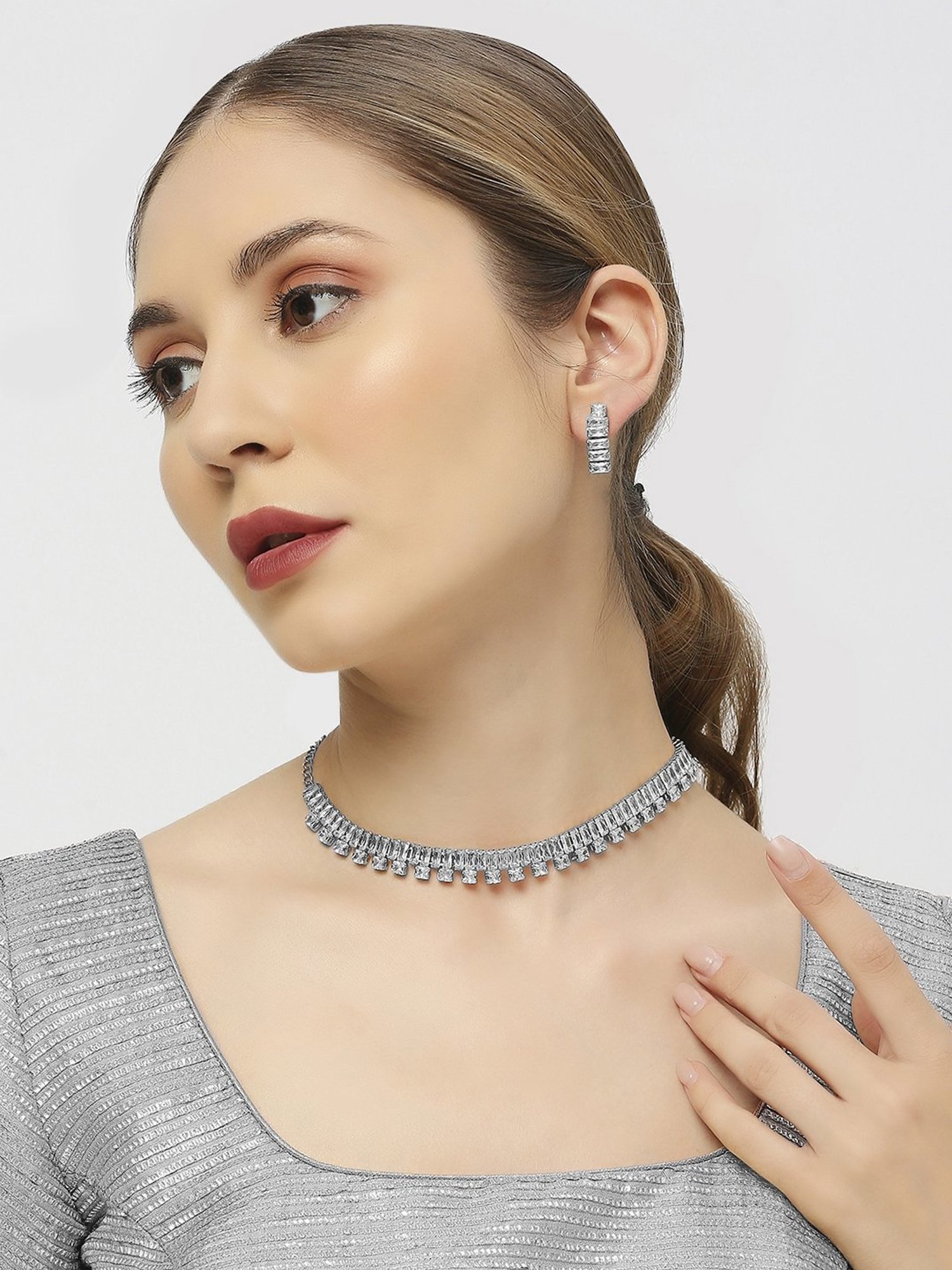 OOMPH Silver Tone American Diamond CZ Necklace Set with Earrings