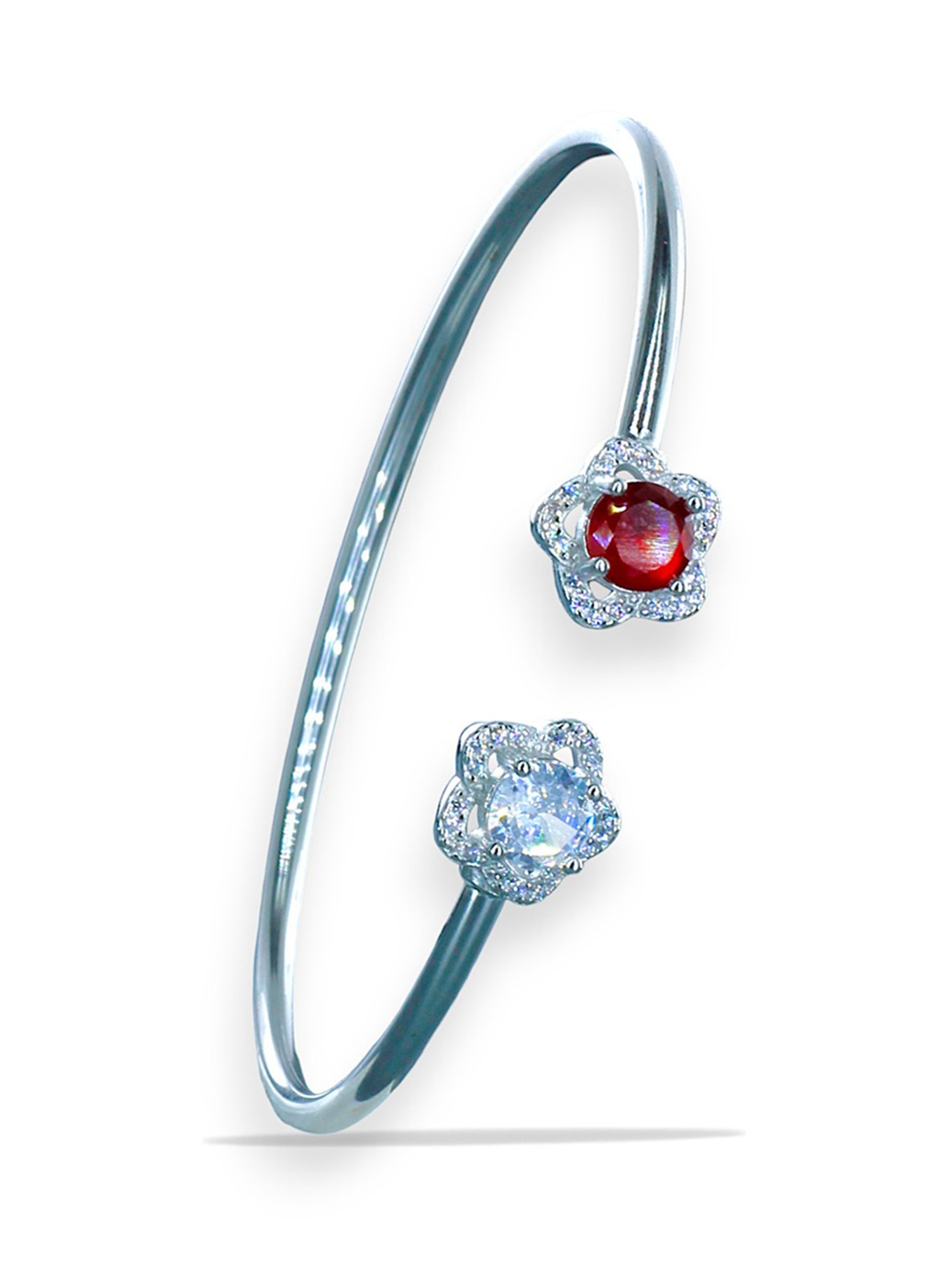 Taraash 925 Sterling Silver Floral Design Red CZ Bangle For Women