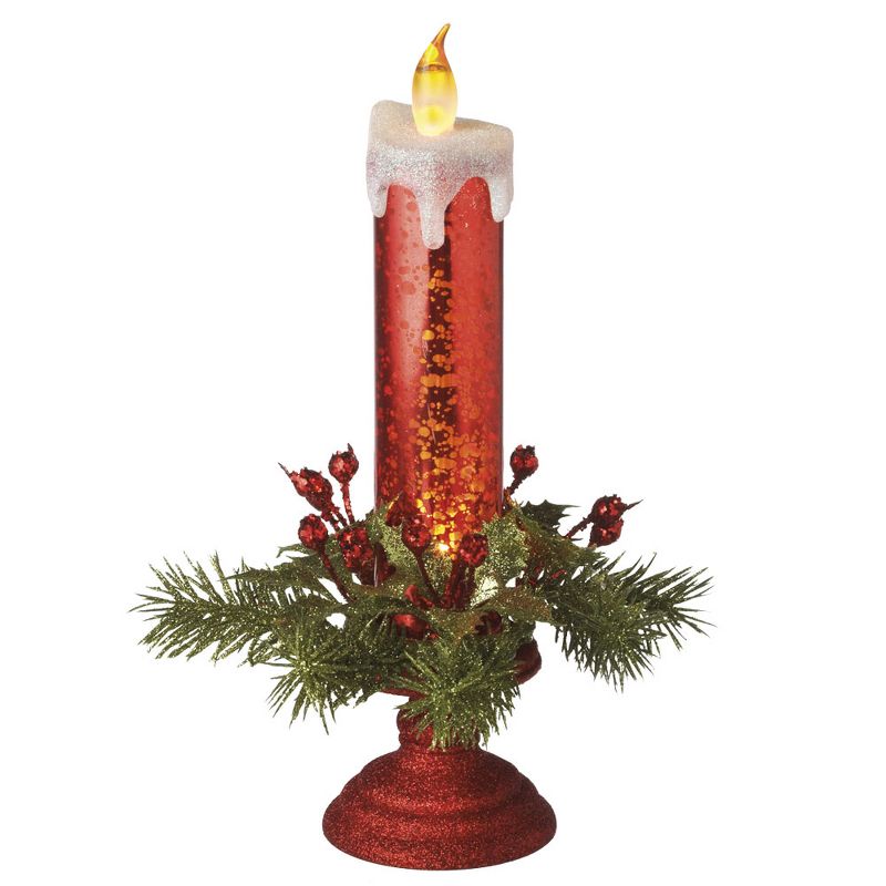 Ganz 10" LED Lighted Glittered Pine Foliage Pedistal Christmas Candle - Red/Green