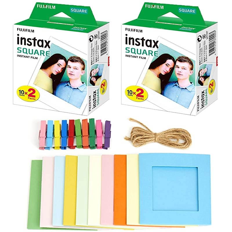 2X  instax Square Instant Film (40 Exposures) + Hanging Photo Frames for Square Film Assorted Colors &ndash; Deluxe Accessory Bundle