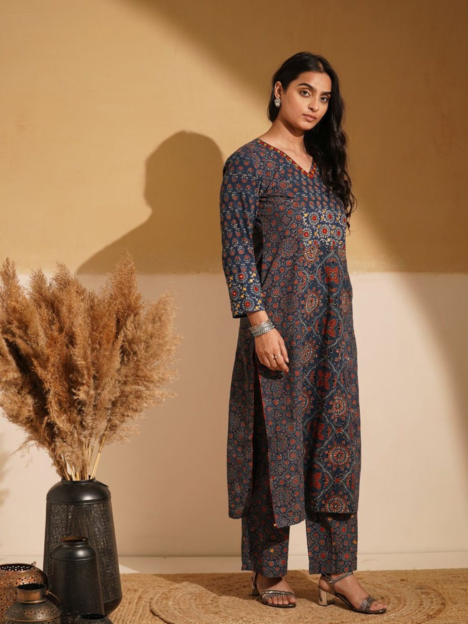 Love Chic Indigo Blue Cotton Ajrakh Straight Kurta