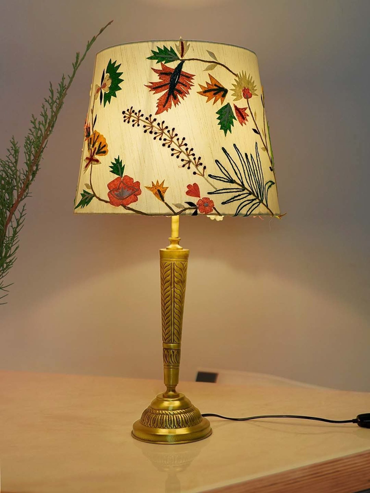 FOS LIGHTING Conical Antique Golden & White Brass Table Lamp With Fabric Shade