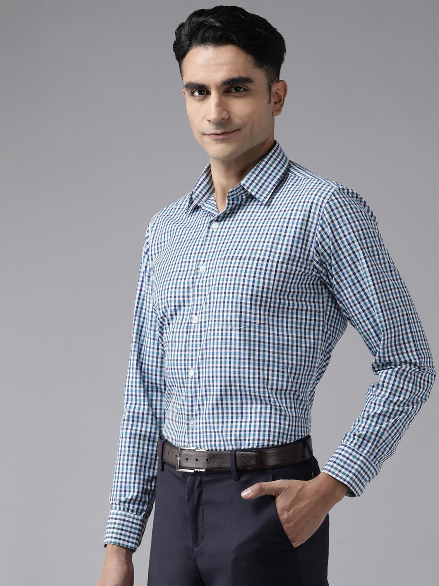 English Navy Navy Blue Slim Fit Checks Shirts