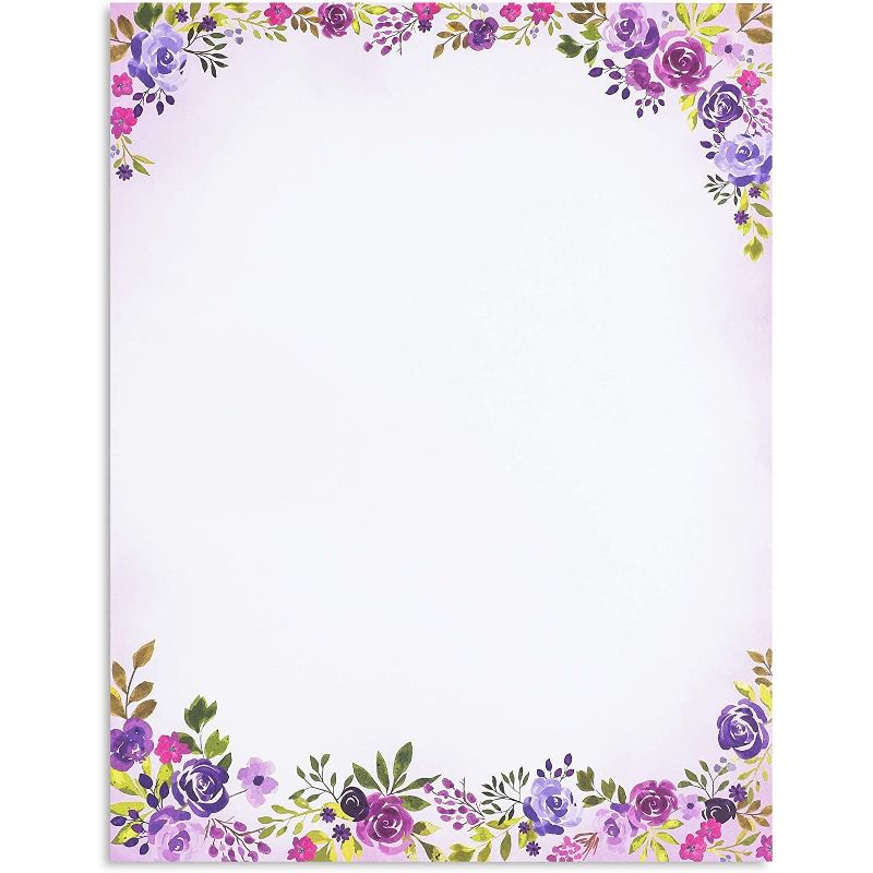 48 Pack Purple Watercolor Floral Stationery Paper and Envelopes Set, 8.5" x 11"