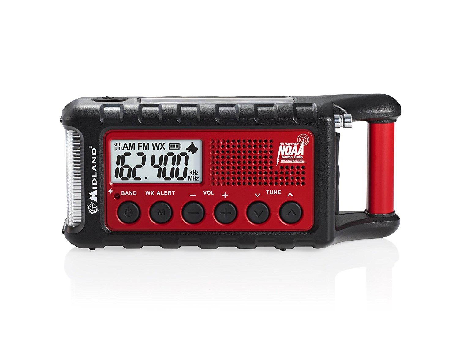 Midland - ER310, Emergency Crank Weather AM/FM Radio - Multiple Power Sources, SOS Emergency Flashlight, Ultrasonic Dog Whistle, NOAA Weather Scan + Alert (Red/Black)
