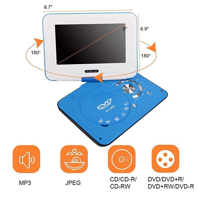 9.8" Portable DVD Player Supports SD Card/USB Port/CD/DVD, Rede Controller,2 Hour Rechargeable Battery, 9" Eye-Protective Screen, Support AV-in/Out,Region Free (Blue)