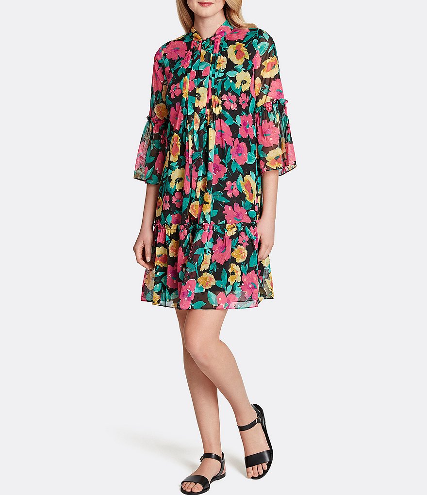 Tahari ASL Floral Print Crew Neck Pin Tuck Pleat A-Line Dress