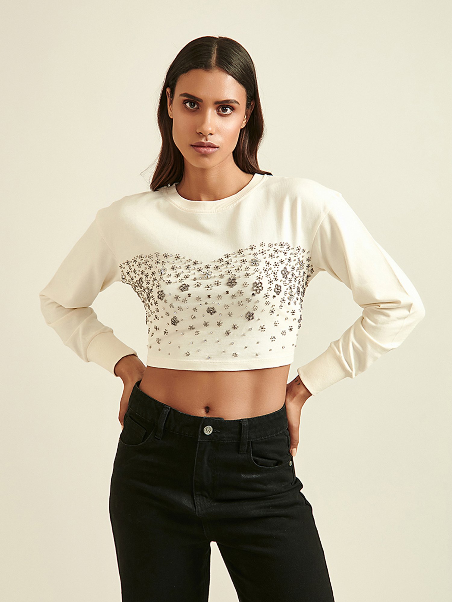 Cover Story Light Beige Embellished Crop Top