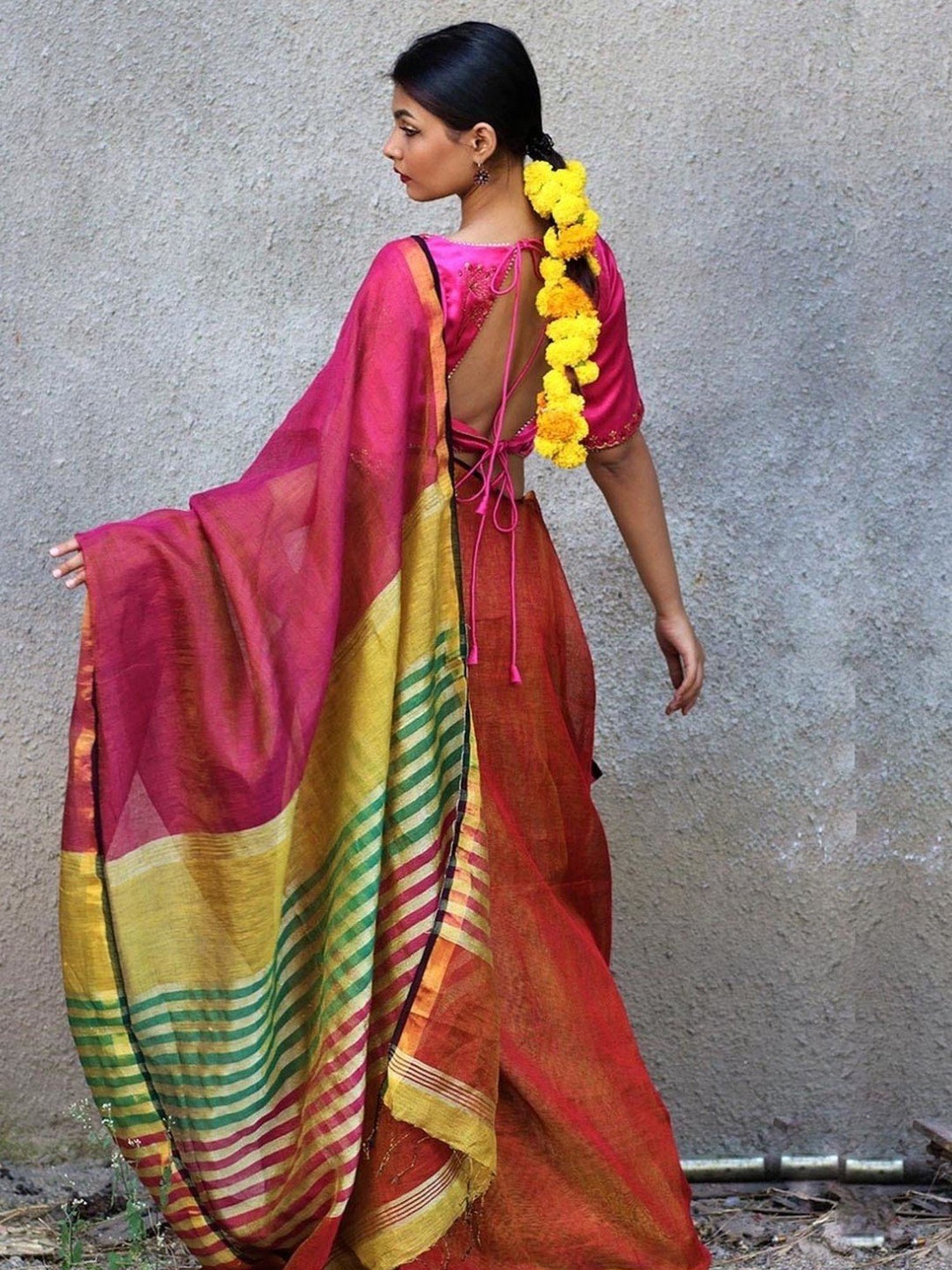 Chidiyaa Fitoor Pink Yellow Oceanic Blue Handwoven Linen Zari Saree Gazala