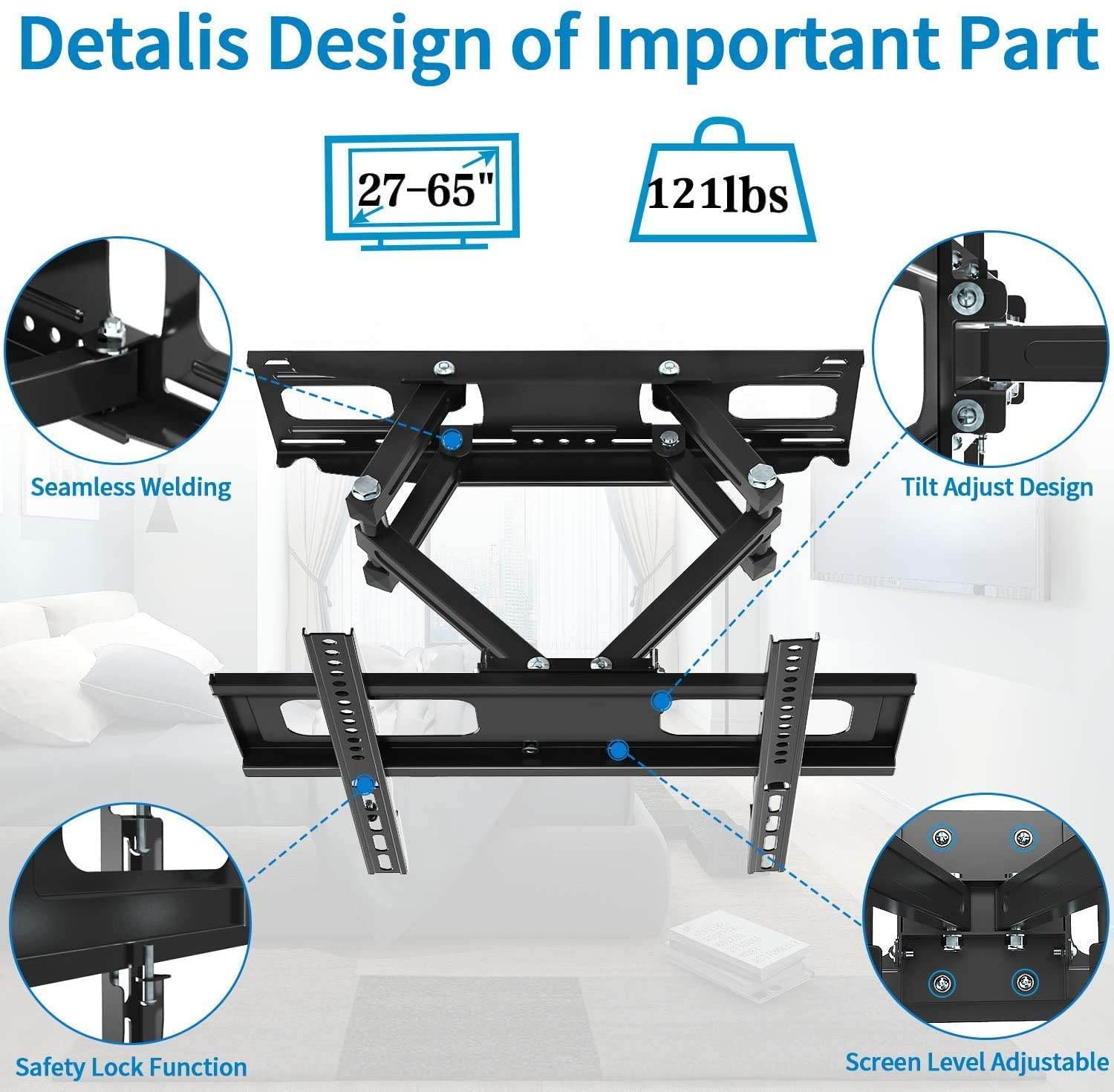 Full Motion TV Wall Mount with Height Setting,  TV Bracket Fits Most 27-65 Inch LED Flat&Curved TVs,Articulating Swivel Tilt Dual Arms Extension Max VESA 400x400mm and Holds up to 121 LBS