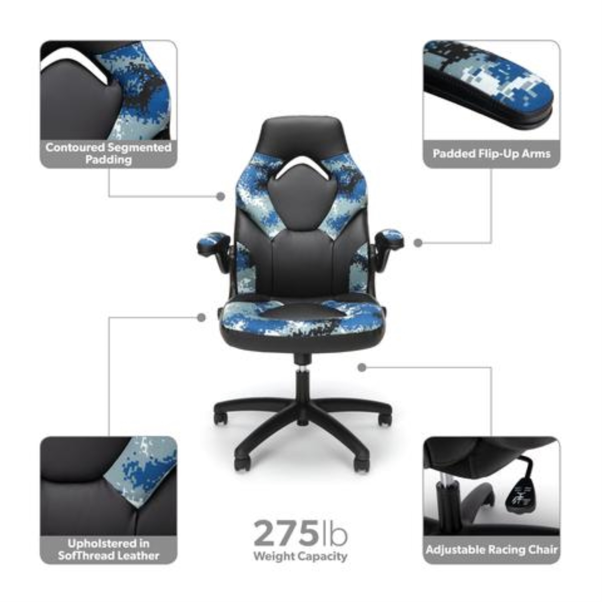 OFM Essentials Collection Racing Style Bonded Leather Gaming Chair, in Arctic Camo (ESS-3085-ARC)