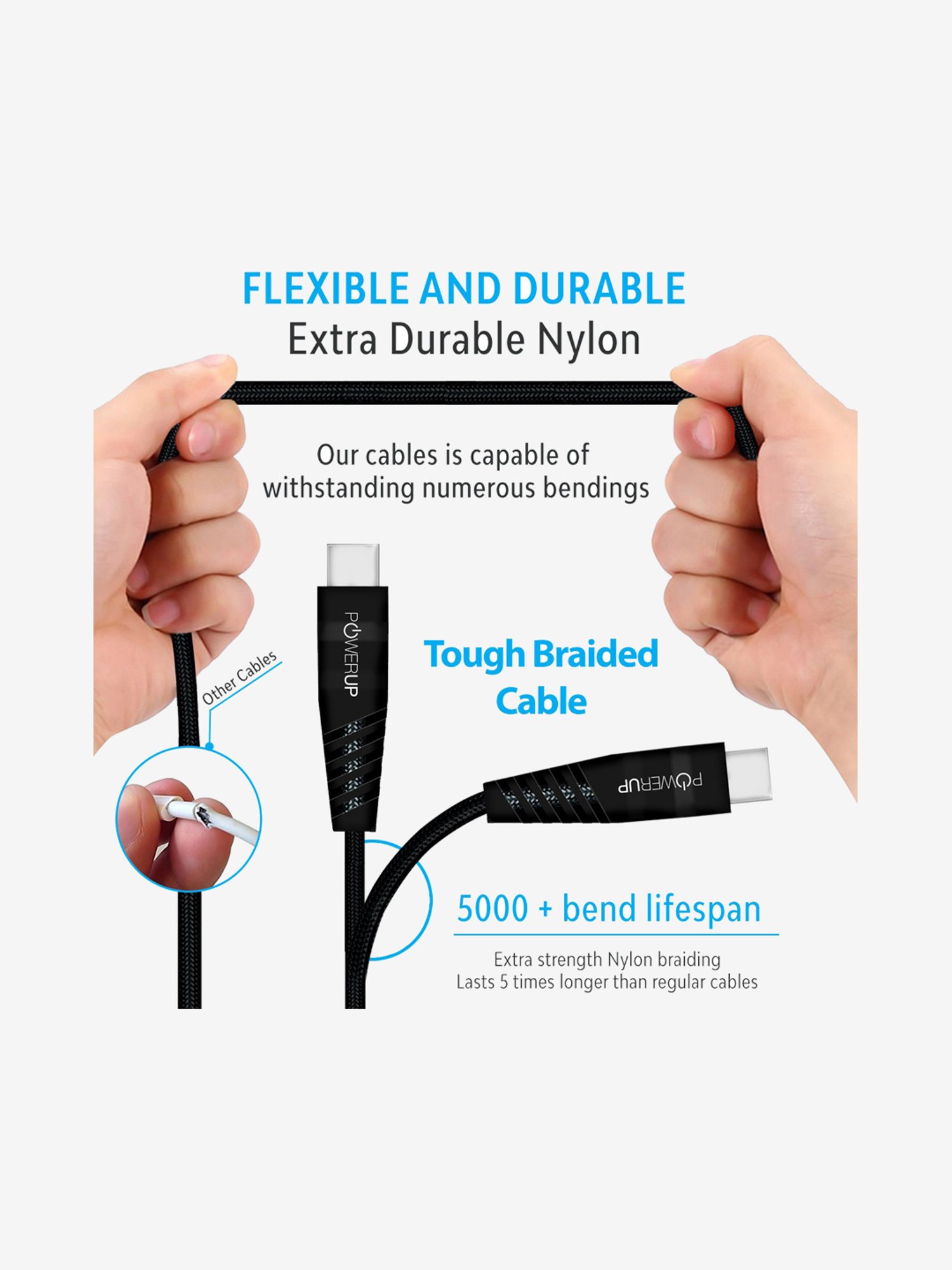 Powerup Nylon Extra Tough Braided, Quick Charging &Tangle USB Micro Cable (Black)