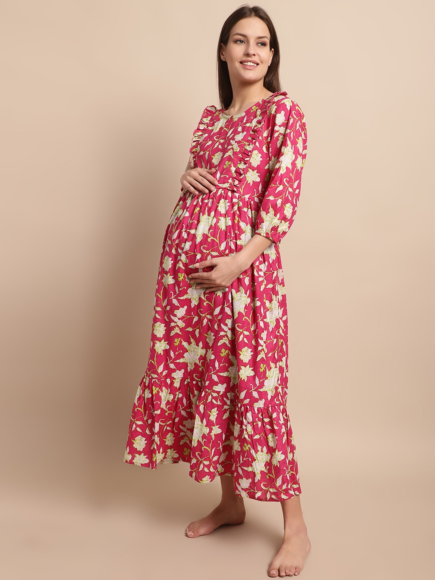 Secret Wish Pink Cotton Floral Print Maternity Night Dress