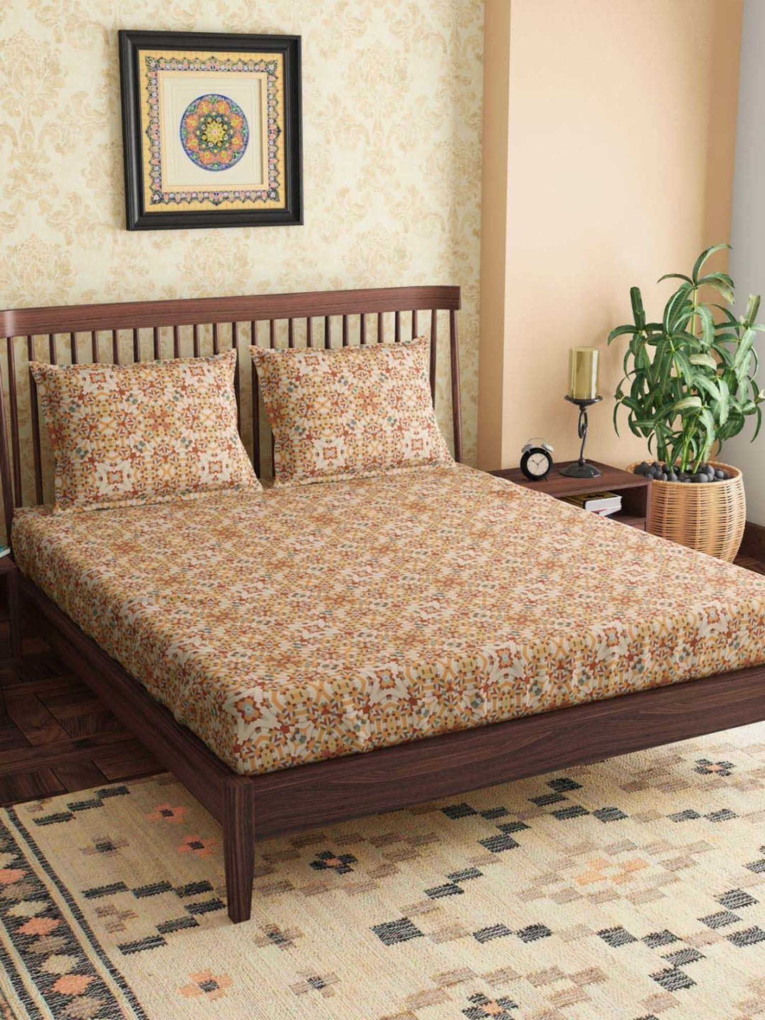 Petal Home Alhambra Beige & Orange Cotton 300 TC Queen Bedsheet with 2 Pillow Covers