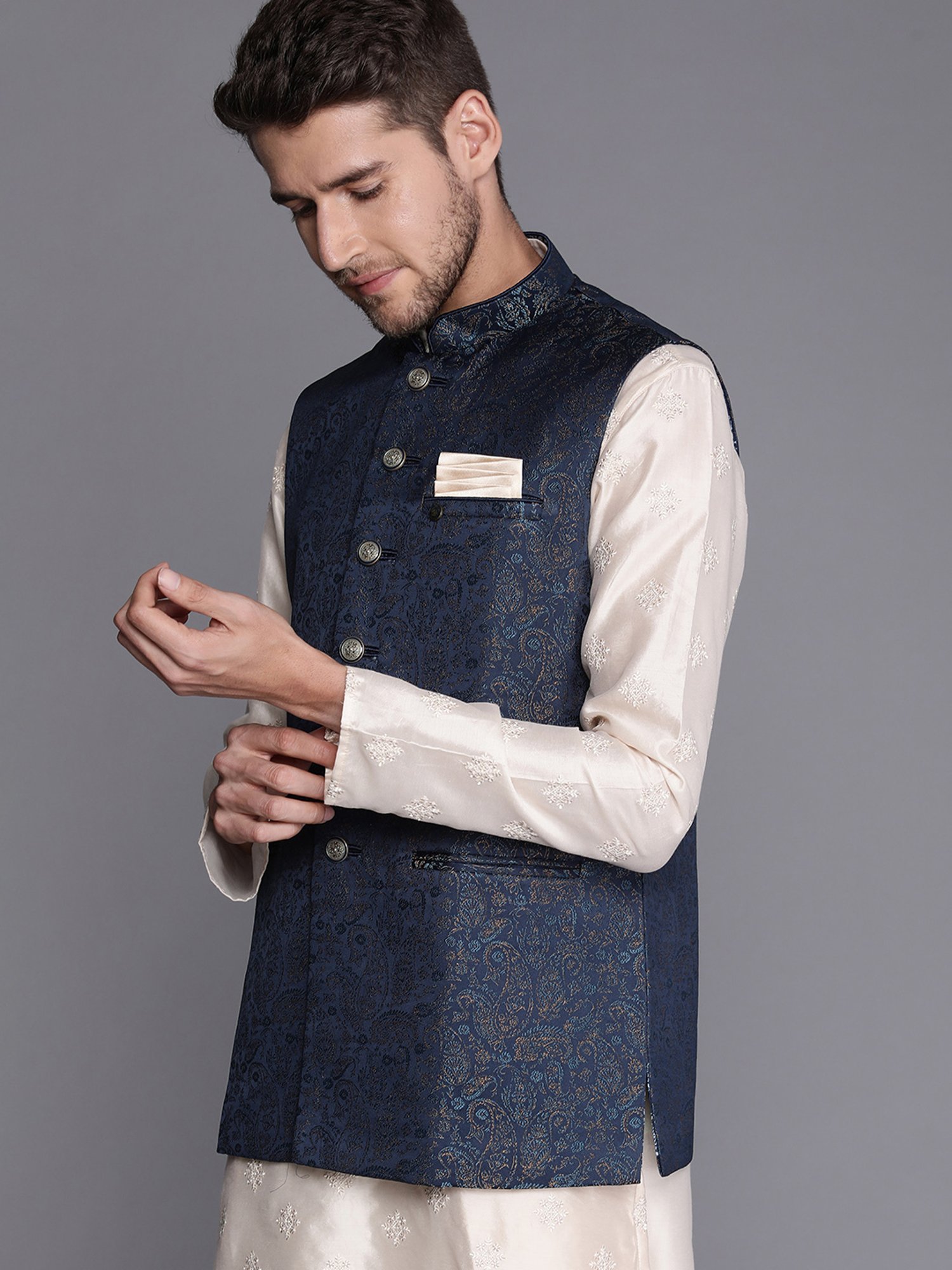 Manyavar Blue Regular Fit Self Design Nehru Jacket