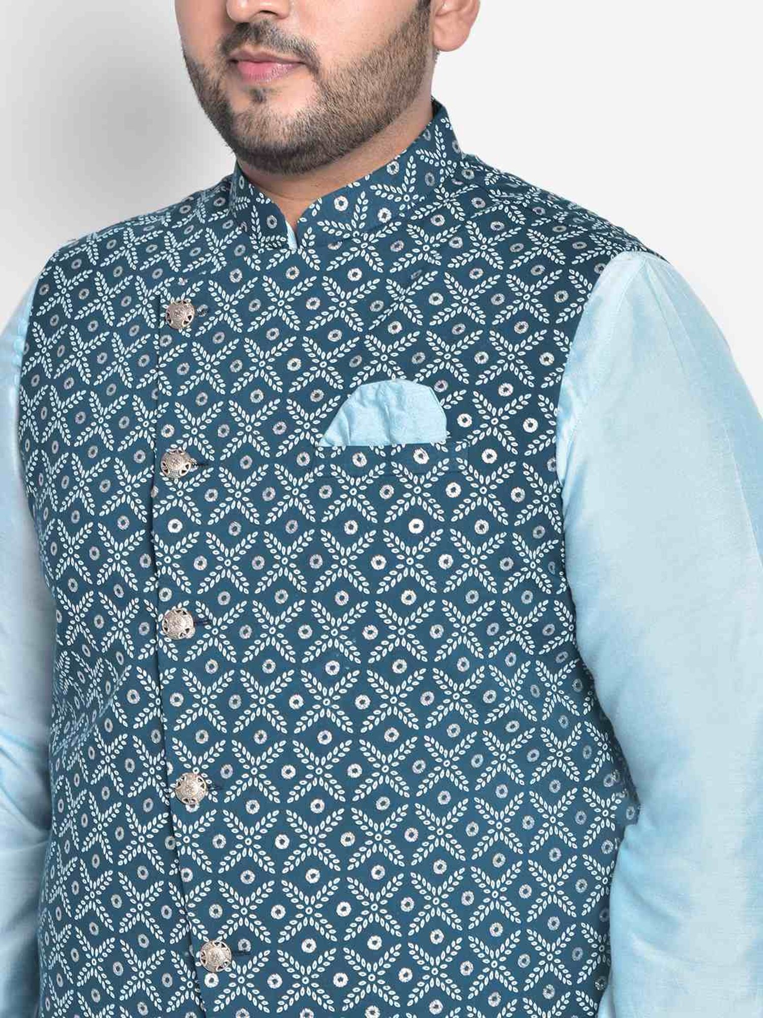 KISAH PLUS Blue Regular Fit Printed Kurta Set With Jacket