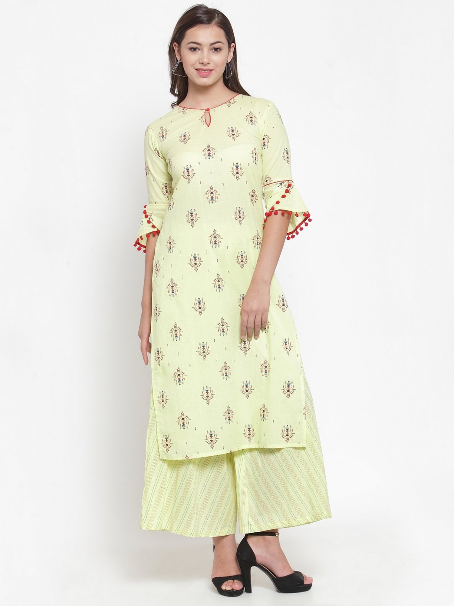 Indibelle Lime Yellow Cotton Printed Straight Kurta