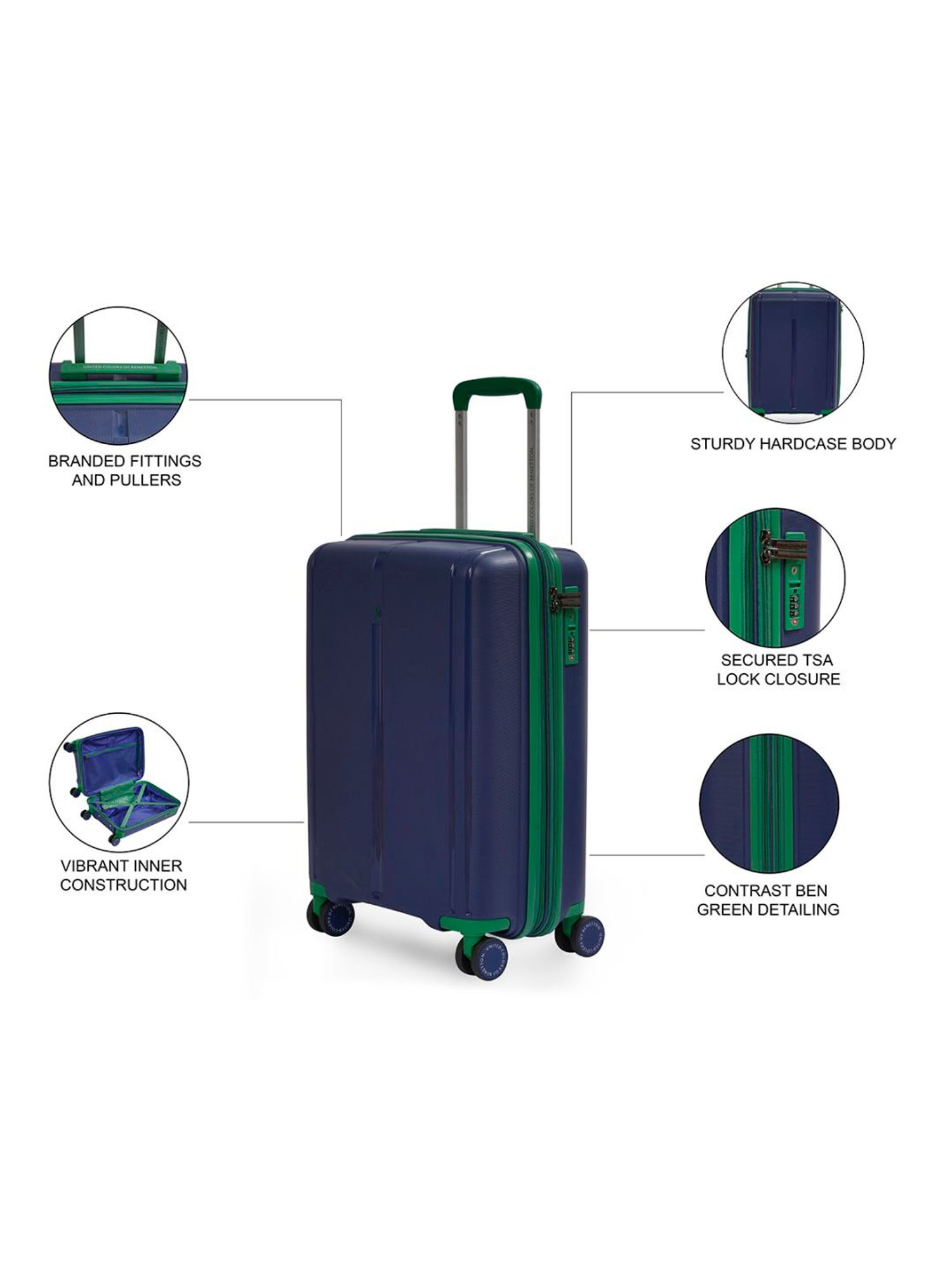 United Colors of Benetton Emerald Navy Textured Hard Large Trolley Bag - 76 Cm