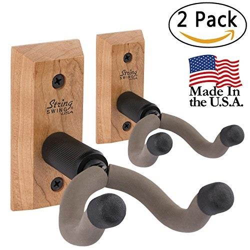 string swing guitar hanger  holder for electric acoustic and bass guitars  stand accessories for home or studio  musical instruments safe without hard cases  cherry hardwood wall mount 2 pack