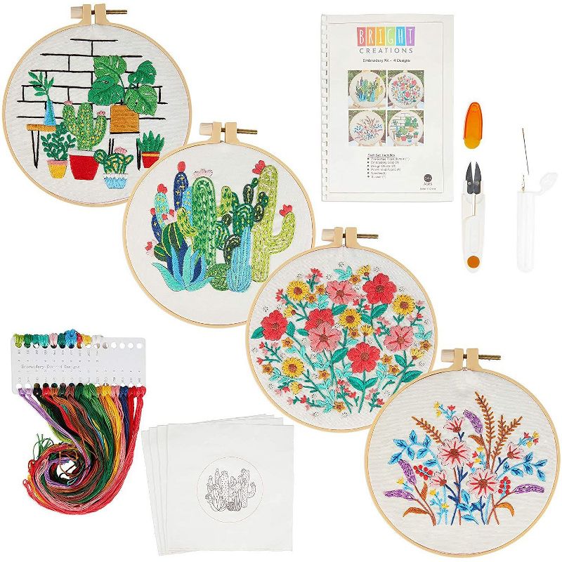 Bright Creations 14 Pieces Hand Embroidery Kit, Yarn, 4 Floral Patterns, Hoops, Needles, Scissors, Arts and Crafts