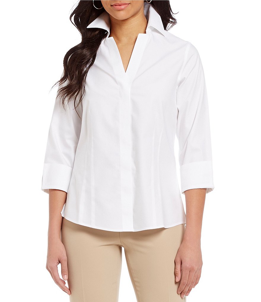 Investments Taylor Gold Label Non-Iron Point Collar Y-Neck 3/4 Sleeve Button Front Shirt