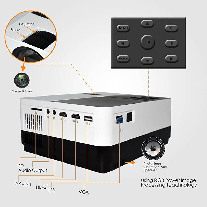 LED Movie ProjectorMultimedia Home Theater Projector Support 1080P with Free HDMI Cable 360&deg; Speaker Black and White Support 1080p