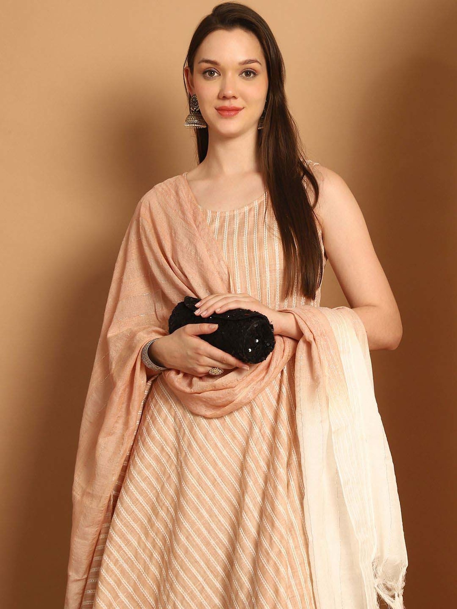 Jompers Beige Woven Pattern Kurta Palazzo Set With Dupatta