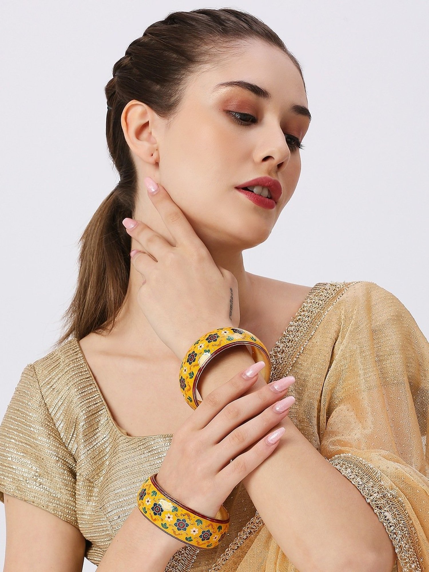 Oomph Yellow Brass Kada Bangles - Set of 2