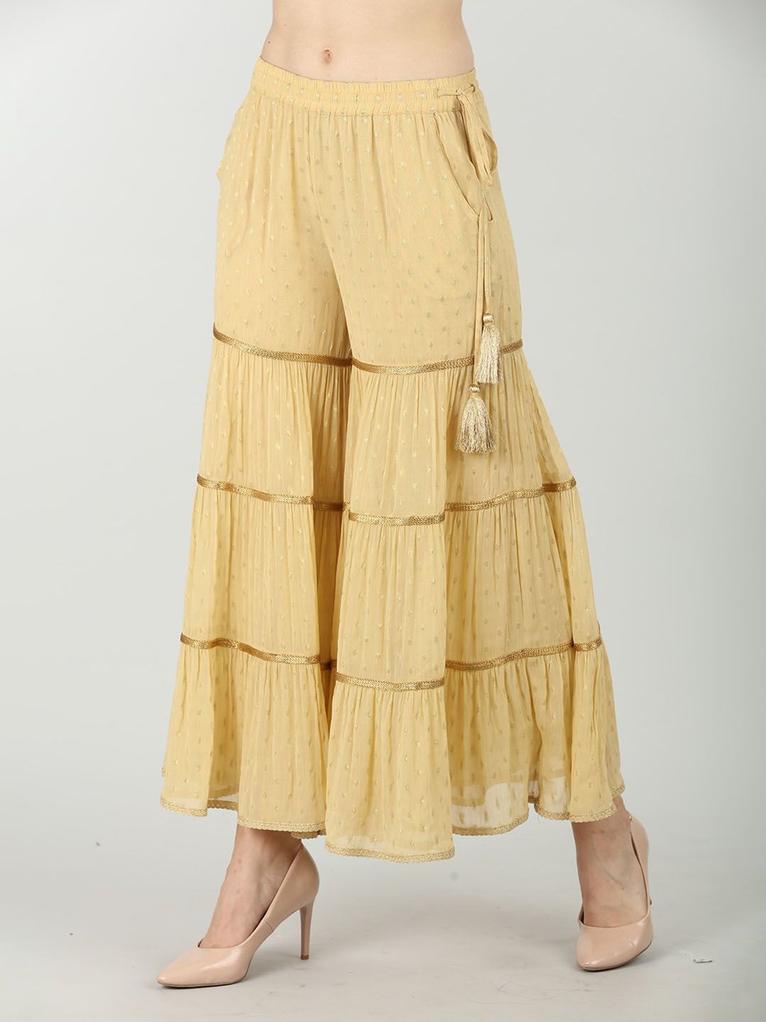 Mustard Beige Georgette Printed Sharara Pants