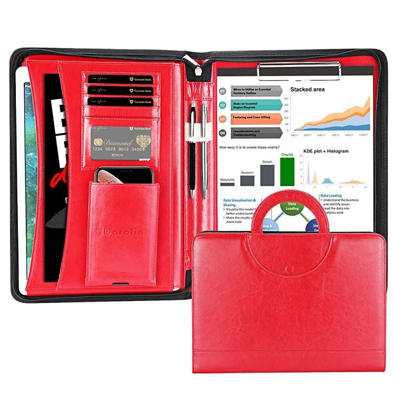 Zippered Leather Padfolio Portfolio with [Hidden Handle] and [Clipboard], Business Conference Portfolio Organizer Notepad Folder, Portfolio Bag, Portfolio Padfolio for Women/Men (Black)